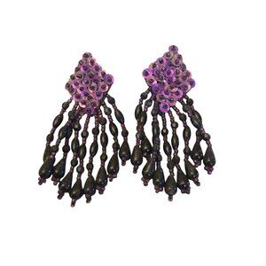 Handcrafted Purple Beaded and Sequin Tear Drop  Dangle Earrings